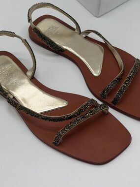 Zara Metallic Gold-Strap Brown Flat Sandals